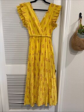 a loves a Yellow Boho Maxi Dress Ruffle Sleeve Tassle Tie Floral Cotton M